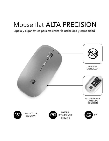 Ratón inalámbrico por bluetooth subblim dual flat/ batería recargable/ hasta 1600 dpi/ plata