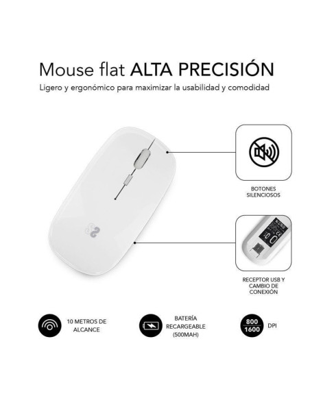 Ratón inalámbrico por bluetooth subblim dual flat/ batería recargable/ hasta 1600 dpi/ blanco