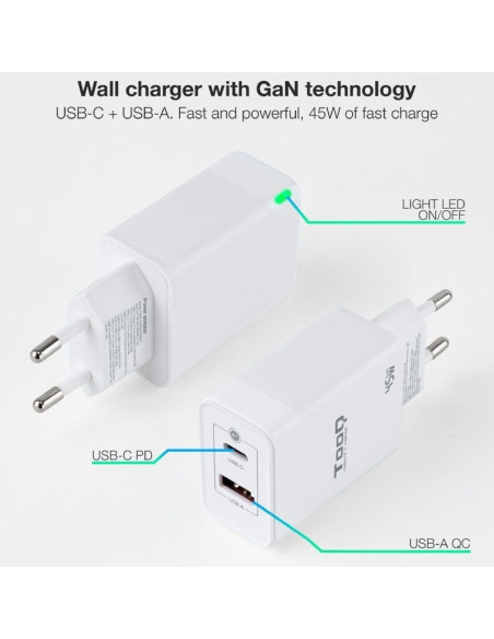 Cargador gan de pared tooq tqwc-ganqcpd45wt/ 1xusb tipo-c/ 1xusb/ 45w