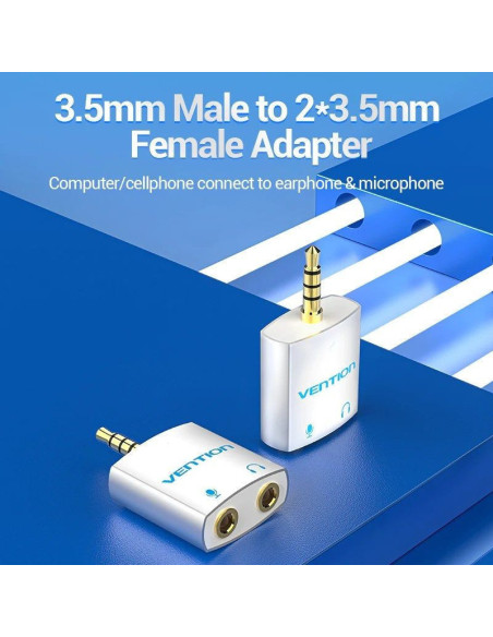 Adaptador audio vention bdbw0/ jack 3.5 macho - 2x jack 3.5 hembra/ blanco