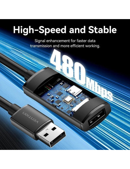 Cable alargador usb 2.0 vention cbkbl/ usb macho - usb hembra/ 480mbps/ 10m/ negro