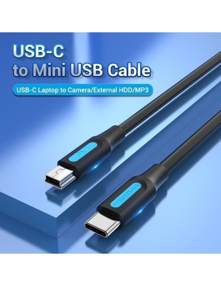Cable usb 2.0 tipo-c vention cowbg/ usb tipo-c macho - miniusb macho/ hasta 10w/ 480mbps/ 1.5m/ negro