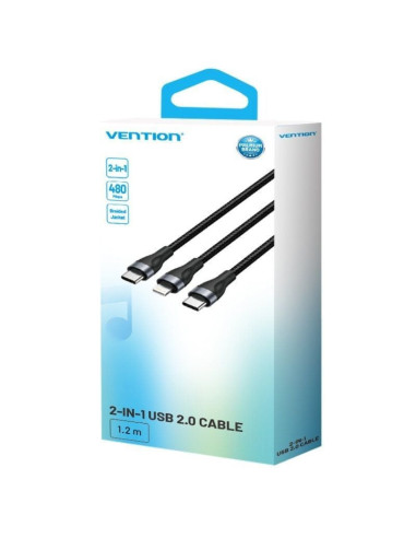 Cable usb tipo-c vention h17bav/ usb tipo-c macho - lightning macho/ usb tipo-c macho/ 60w/ 480mbps/ 1.2m/ negro