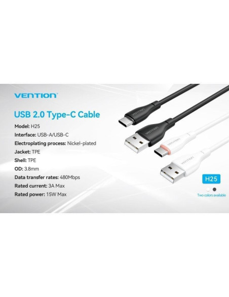 Cable usb tipo-c vention h25bf/ usb tipo-c macho - usb macho/ 15w/ 480mbps/ 1m/ negro