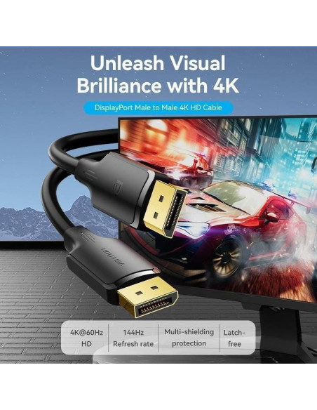 Cable displayport 1.2 4k vention hakbl/ displayport macho - displayport macho/ 10m/ negro