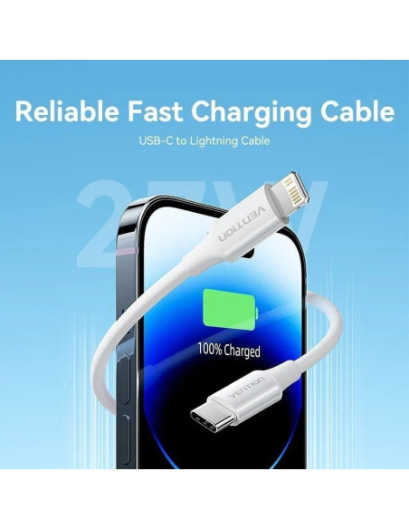 Cable usb 2.0 tipo-c lightning vention lajwf/ usb tipo-c macho - lightning macho/ hasta 27w/ 480mbps/ 1m/ blanco