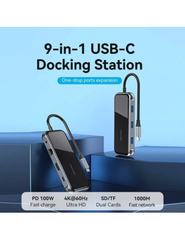 Docking usb tipo-c vention tflhb/ 1xhdmi 4k/ 3xusb/ 1xrj45/ 1xlector de tarjetas/ 1xtrrs 3.5/ 1xusb tipo-c pd/ gris