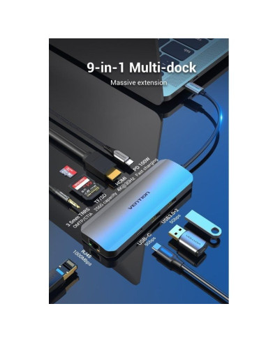 Docking usb tipo-c vention tomhb/ 1xhdmi/ 2xusb/ 1xusb tipo-c/ 1xusb tipo-c pd/ 1xrj45/ 1xlector tarjetas sd y microsd/ jack