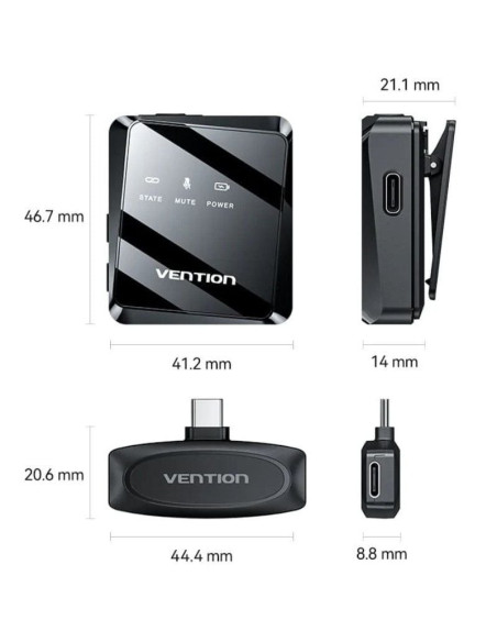 Micrófono inalámbrico con clip vention ncbb0/ usb tipo-c/ incluye receptor/ 2 unidades