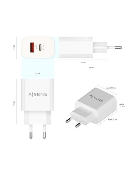 Cargador de pared aisens a110-0681/ 1xusb tipo-c/ 1xusb/ 20w