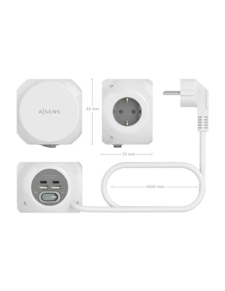 Regleta con interruptor aisens asps-2a2c04-w/ 3 tomas de corriente/ 2 usb tipo-c/ 2 usb/ cable 1.4m/ blanco