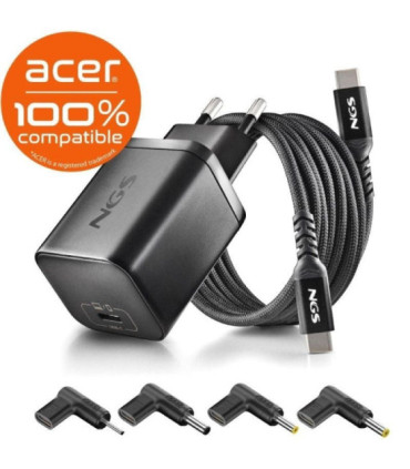Cargador de portátil gan ngs bud65w-ac para acer/ 1xusb tipo-c/ 65w/ automático/ 4 conectores/ voltaje 5-20v