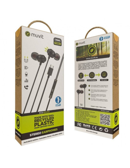 Auriculares intrauditivos muvit for change mchph0006/ con micrófono/ usb tipo-c/ negros