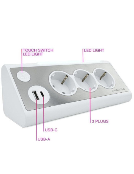 Regleta con interruptor nanocable 10.37.0013-w/ 3 tomas de corriente/ 1 usb/ 1 usb tipo-c/ cable 1.5m/ blanca