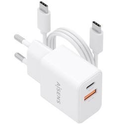 Cargador de Pared GaN Aisens ASCH-20W2P083-W/ 1xUSB Tipo-C/ 1xUSB/ 20W/ Blanco/ Incluye Cable USB Tipo-C