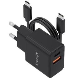 Cargador de Pared GaN Aisens ASCH-20W2P084-BK/ 1xUSB Tipo-C/ 1xUSB/ 20W/ Incluye Cable USB Tipo-C
