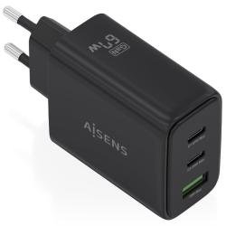 Cargador de Pared GaN Aisens ASCH-67W3P087-BK/ 2xUSB Tipo-C/ 1xUSB/ 67W