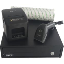 Pack para TPV Approx appPOSPACK3380USB-2D/ Cajón Portamonedas + Impresora Térmica de Tickets + Lector de Códigos + Rollos Térmic