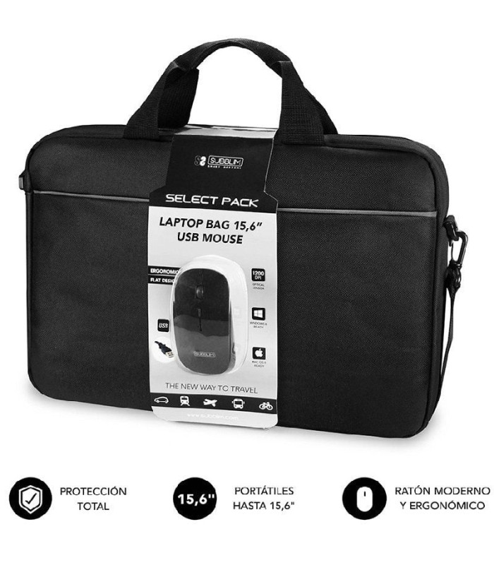 Maletín + ratón subblim select pack para portátiles hasta 15.6'/ cinta para trolley/ negro