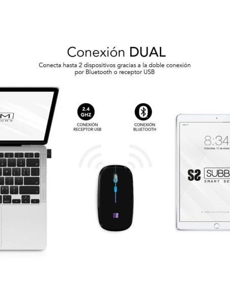 Ratón inalámbrico por bluetooth subblim led dual flat/ batería recargable/ hasta 1600 dpi