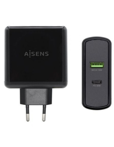 Cargador de pared aisens asch-2pd30qc-bk/ 1xusb tipo-c/ 1x usb/ 48w