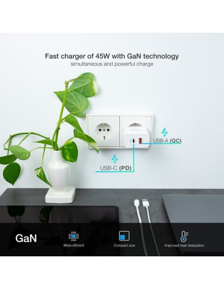 Cargador gan de pared tooq tqwc-ganqcpd45wt/ 1xusb tipo-c/ 1xusb/ 45w
