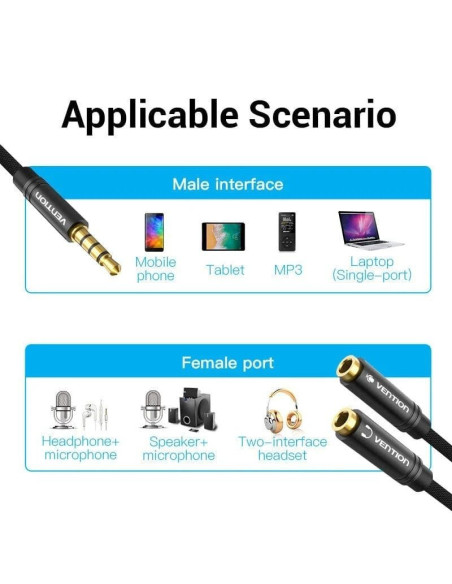 Cable estéreo vention bbmby/ jack 3.5 macho - 2x jack 2.5 hembra/ 30cm/ negro