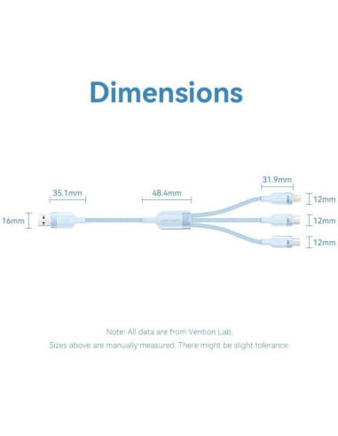 Cable usb 2.0 lightning vention ctrlg/ usb macho/ usb tipo-c macho - microusb macho - lightning macho/ 1.5m/ azul