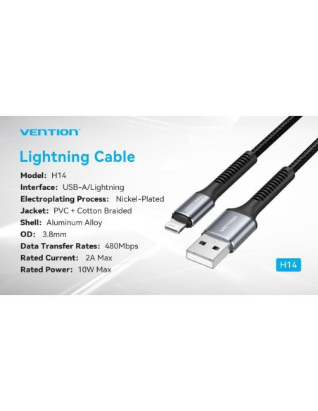 Cable usb 2.0 lightning vention h14bf/ lightning macho - usb macho/ 10w/ 480mbps/ 1m/ negro