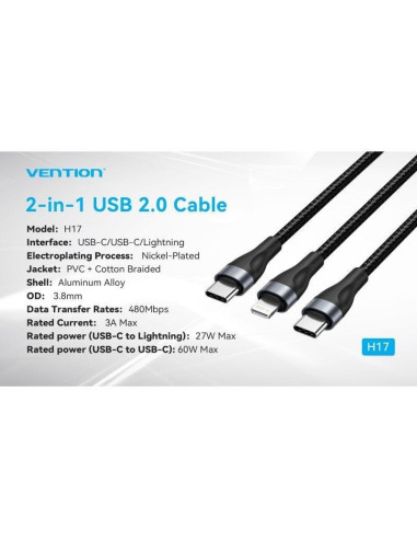 Cable usb tipo-c vention h17bav/ usb tipo-c macho - lightning macho/ usb tipo-c macho/ 60w/ 480mbps/ 1.2m/ negro