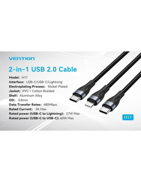 Cable usb tipo-c vention h17bav/ usb tipo-c macho - lightning macho/ usb tipo-c macho/ 60w/ 480mbps/ 1.2m/ negro