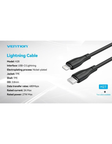 Cable usb tipo-c lightning vention h28bf/ usb tipo-c macho - lightning macho/ 27w/ 480mbps/ 1m/ negro