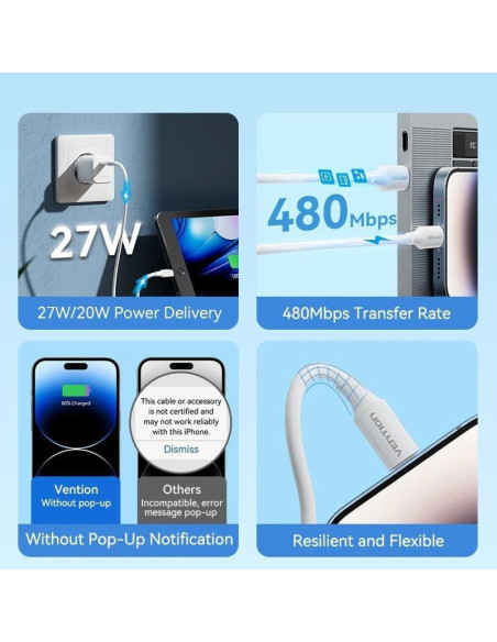 Cable usb 2.0 tipo-c lightning vention lajwf/ usb tipo-c macho - lightning macho/ hasta 27w/ 480mbps/ 1m/ blanco