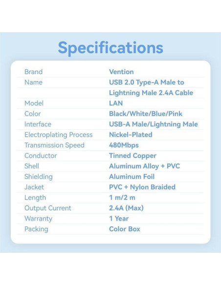 Cable usb lightning vention lanbh/ usb macho - lightning macho/ 480mbps/ 1m/ rosa