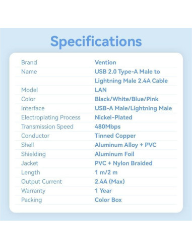 Cable usb 2.0 lightning vention lansf/ usb macho - lightning macho/ 480mbps/ 1m/ azul