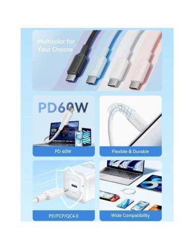 Cable usb 2.0 tipo-c 3a vention trcph/ usb tipo-c macho - usb tipo-c macho/ hasta 60w/ 480mbps/ 2m/ rosa