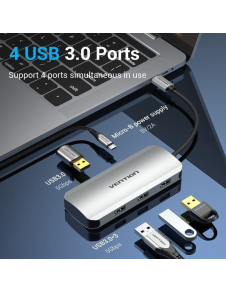 Hub usb tipo-c vention tnahb/ 4xusb/ 1xmicrousb pd