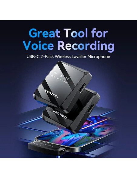 Micrófono inalámbrico con clip vention ncbb0/ usb tipo-c/ incluye receptor/ 2 unidades