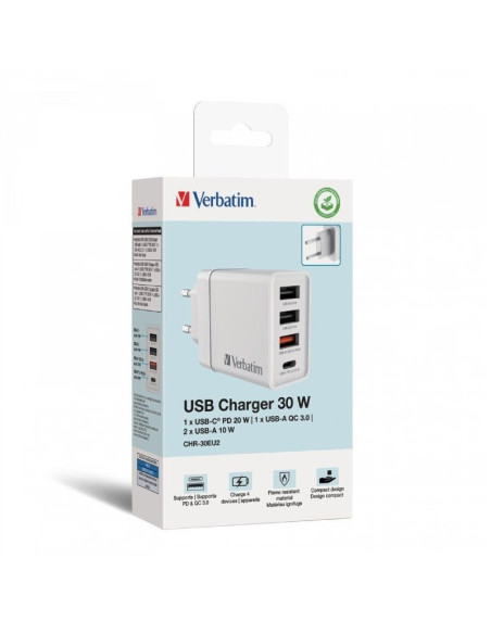 Cargador de pared verbatim chr-30eu2/ 1xusb tipo-c/ 3xusb/ 30w