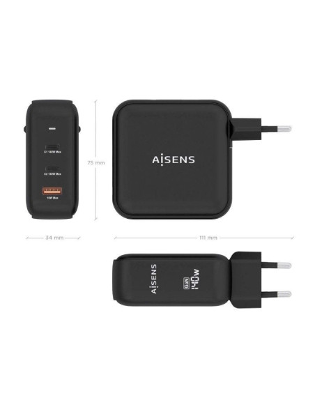 Cargador gan de pared aisens asch-140w3p031-bk/ 2xusb tipo-c/ 1xusb/ 140w
