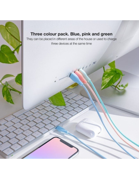 Cables usb 2.0 lightning nanocable 10.10.0401-co1/ usb macho - lightning macho/ 1m/ 3 unidades/ rosa, azul y verde