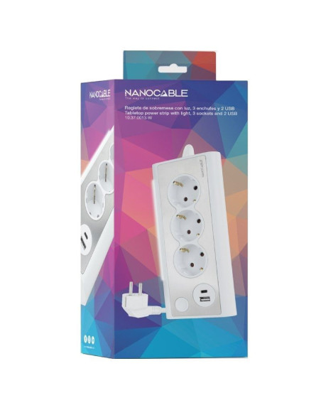 Regleta con interruptor nanocable 10.37.0013-w/ 3 tomas de corriente/ 1 usb/ 1 usb tipo-c/ cable 1.5m/ blanca