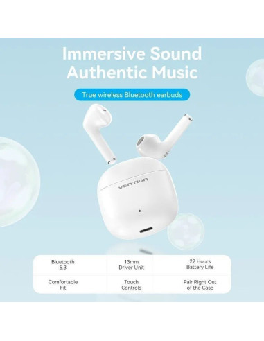 Auriculares bluetooth vention nbgw0 con estuche de carga/ autonomía 7h/ blancos