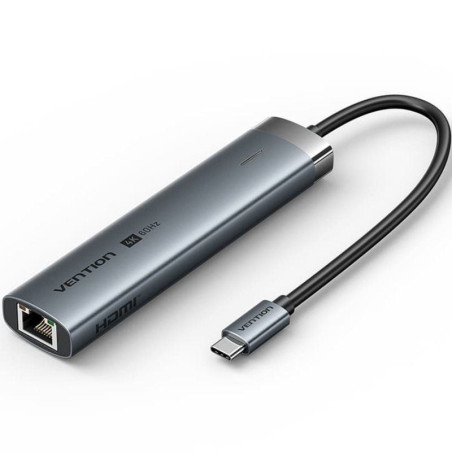 Docking usb tipo-c vention tgnhb/ 1xusb 3.2 tipo-c/ 2xusb/ 1xhdmi 4k/ 1xrj45/ 1xusb tipo-c pd/ gris