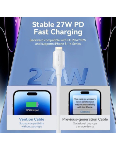 Cable usb 2.0 tipo-c lightning vention laksh/ usb tipo-c macho - lightning macho/ hasta 27w/ 480mbps/ 2m/ azul