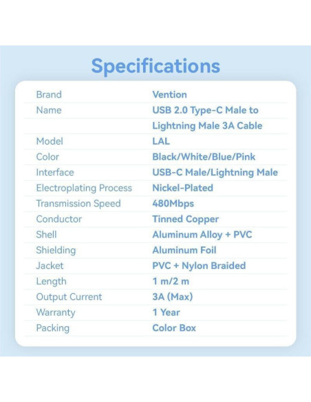 Cable usb tipo-c lightning vention lalsh/ usb tipo-c macho - lightning macho/ 27w/ 480mbps/ 2m/ azul