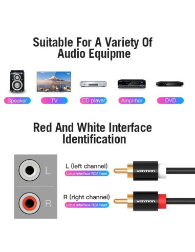Cable estéreo vention vab-r06-b200/ 2x rca macho - 2x rca macho/ 2m/ negro