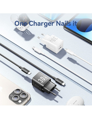 Cargador gan de pared vention tz-feqw0-eu-01/ 1xusb tipo-c/ 1xusb + cable usb tipo-c/ 30w