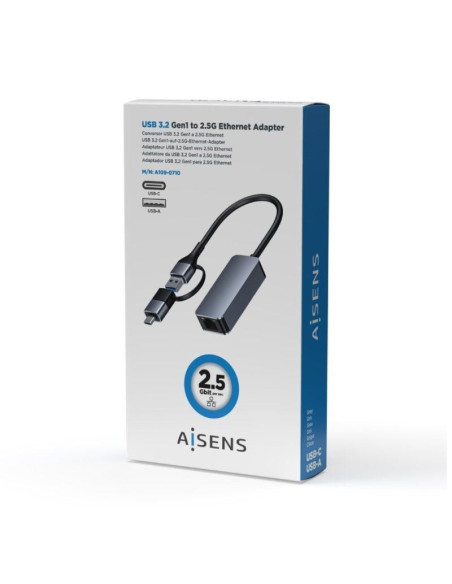 Adaptador usb 3.2 gen1 aisens a109-0710/ usb macho - usb tipo-c macho - rj45 hembra/ 2500mbps/ 15cm/ gris