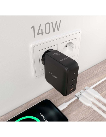 Cargador gan de pared aisens asch-140w3p031-bk/ 2xusb tipo-c/ 1xusb/ 140w